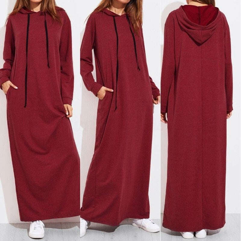 Vestido feminino de moletom de manga comprida com capuz