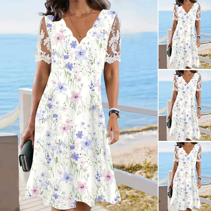 Vestido Túnica Manga Curta com Renda Floral