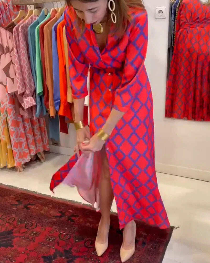 Vestido camisa com decote em V e manga 3/4