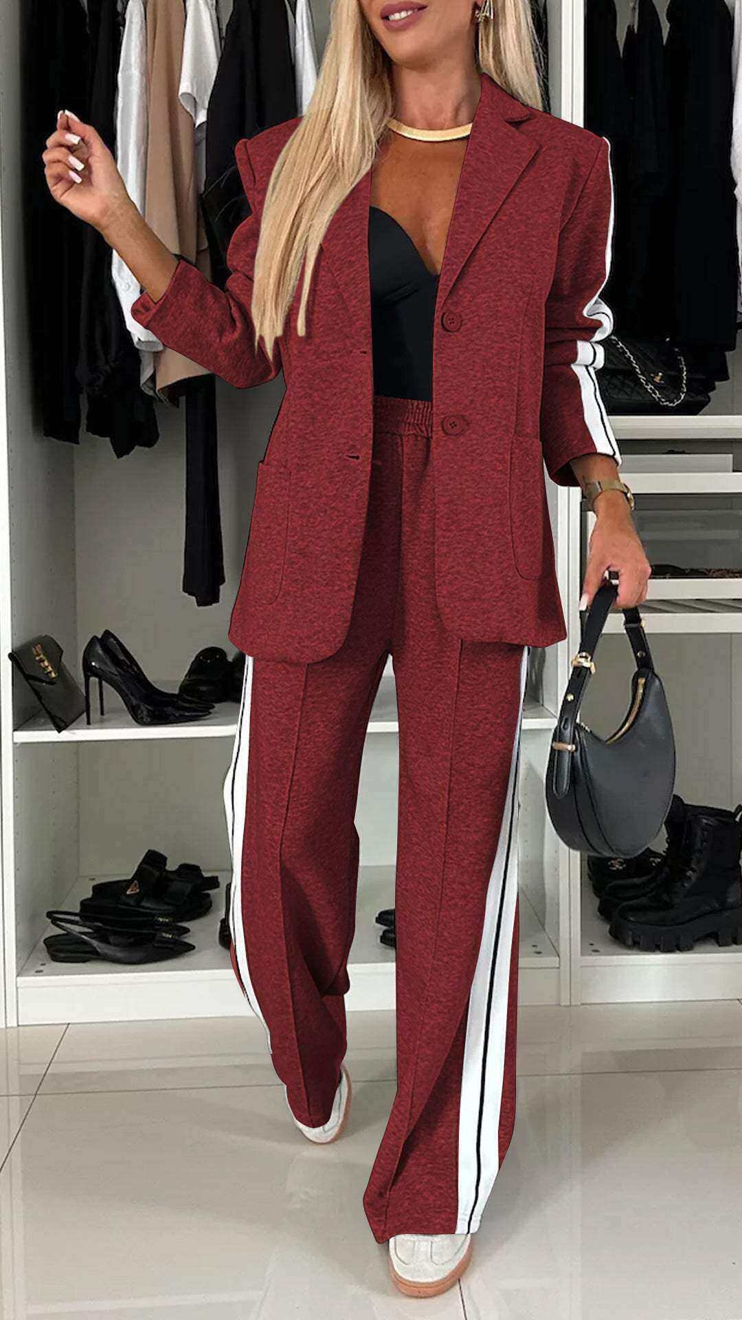 Conjunto casual feminino de duas peças com lapelas e mangas compridas