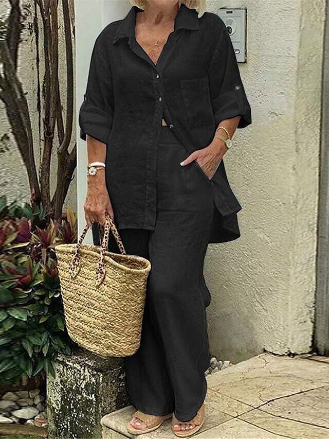 Camisa de lapela de cor sólida, top de algodão e linho e calças S-5XL