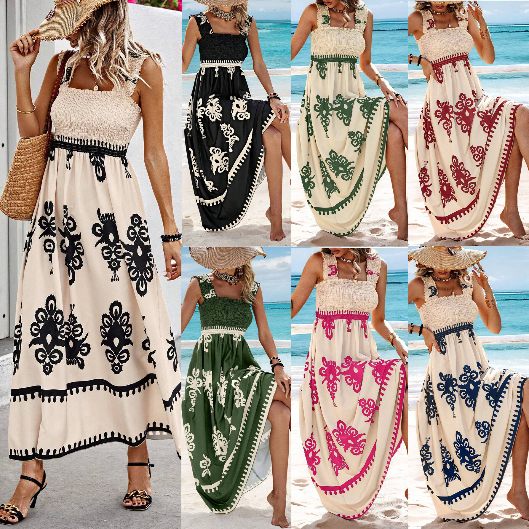 Vestido midi feminino estilo resort estampado com frente cruzada