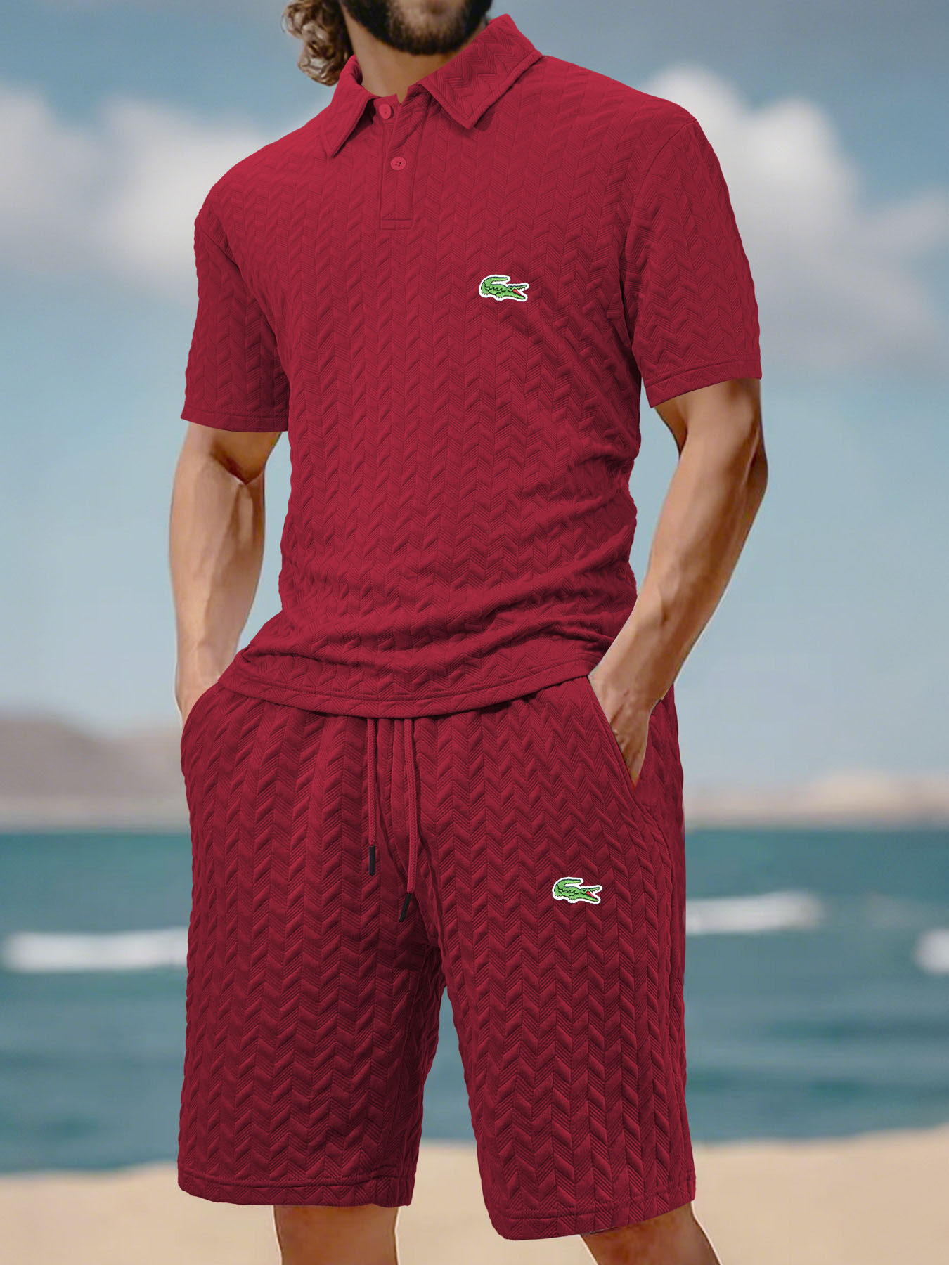 Lacoste Męski Premium Casual Business Sport Krótkie spodenki z krótkim rękawem Polo Garnitur