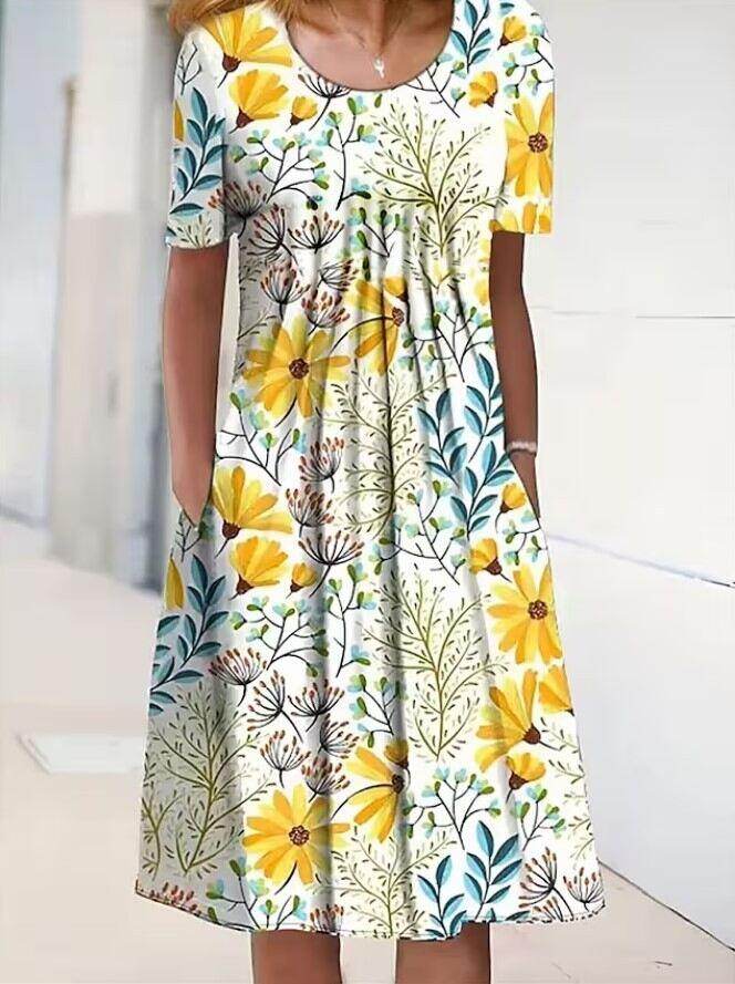 Vestido midi feminino primavera e verão com gola redonda estampado floral e bolso