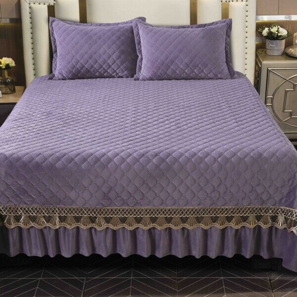 Conjunto de colcha de veludo 230x250cm 3 peças com bordado marrom + 2 fronhas