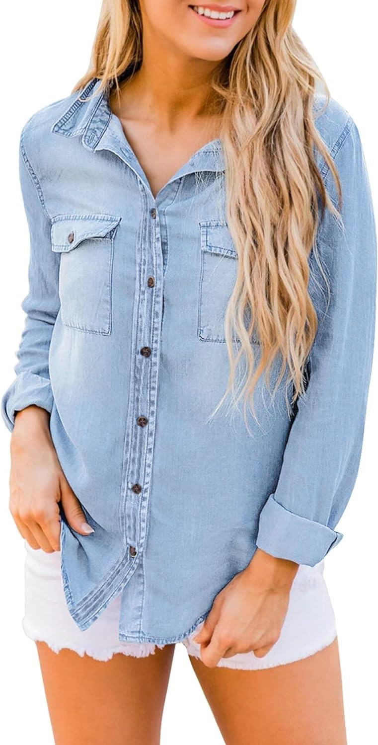luvamia farmer ing Női Chambray Jean Western Shirts Hosszú ujjú gombos felsők