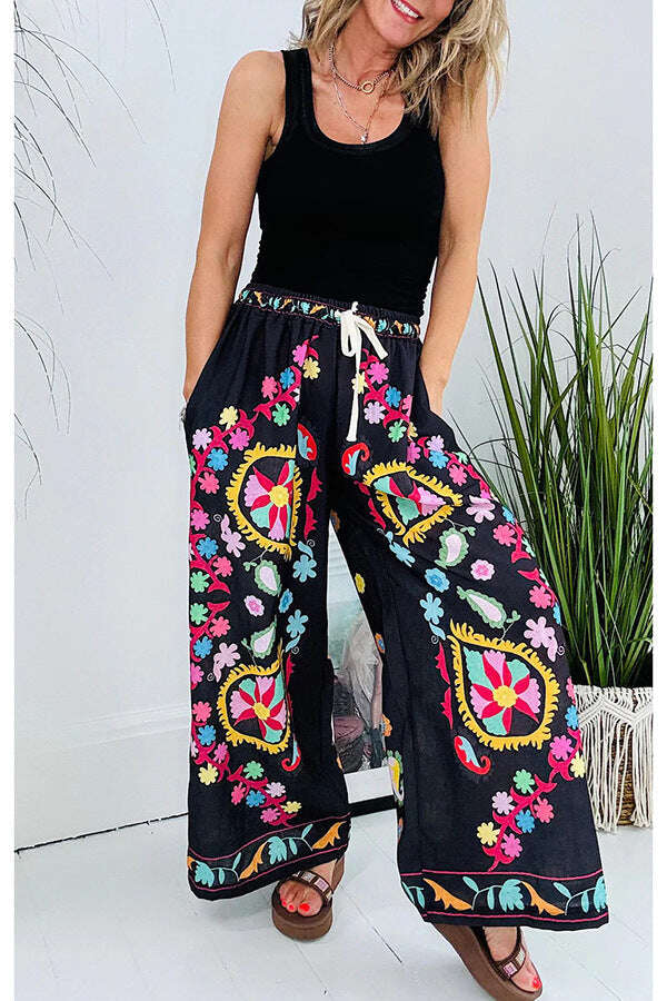 Hippie Floral Print Jeans Cintura Elástica Perna Larga