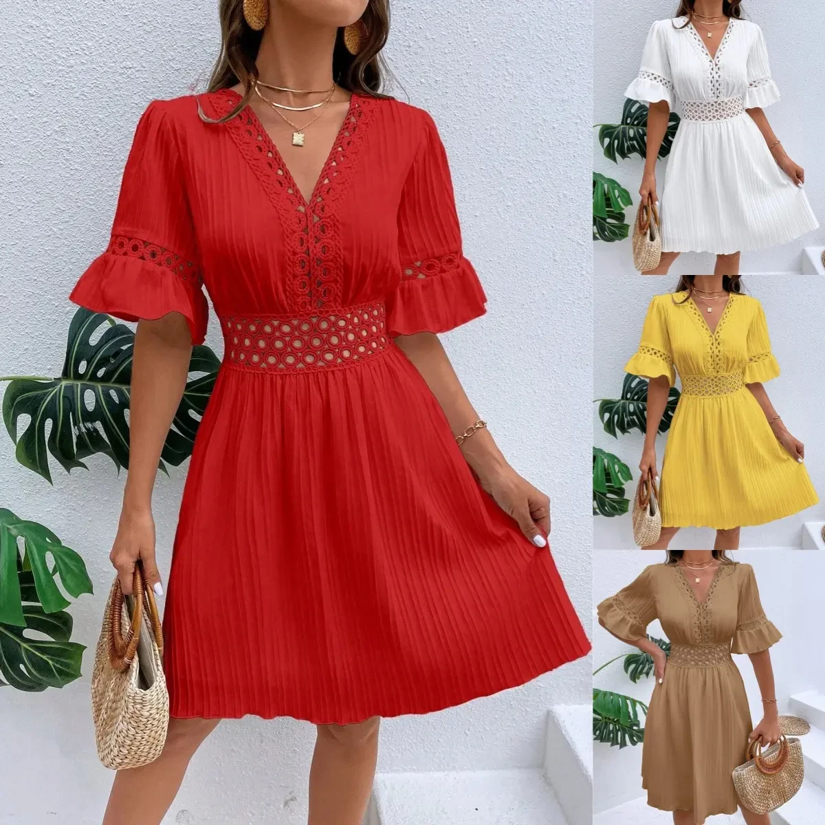 💥👗 【S-XL】 Vestido elegante com mosaico de renda 2024