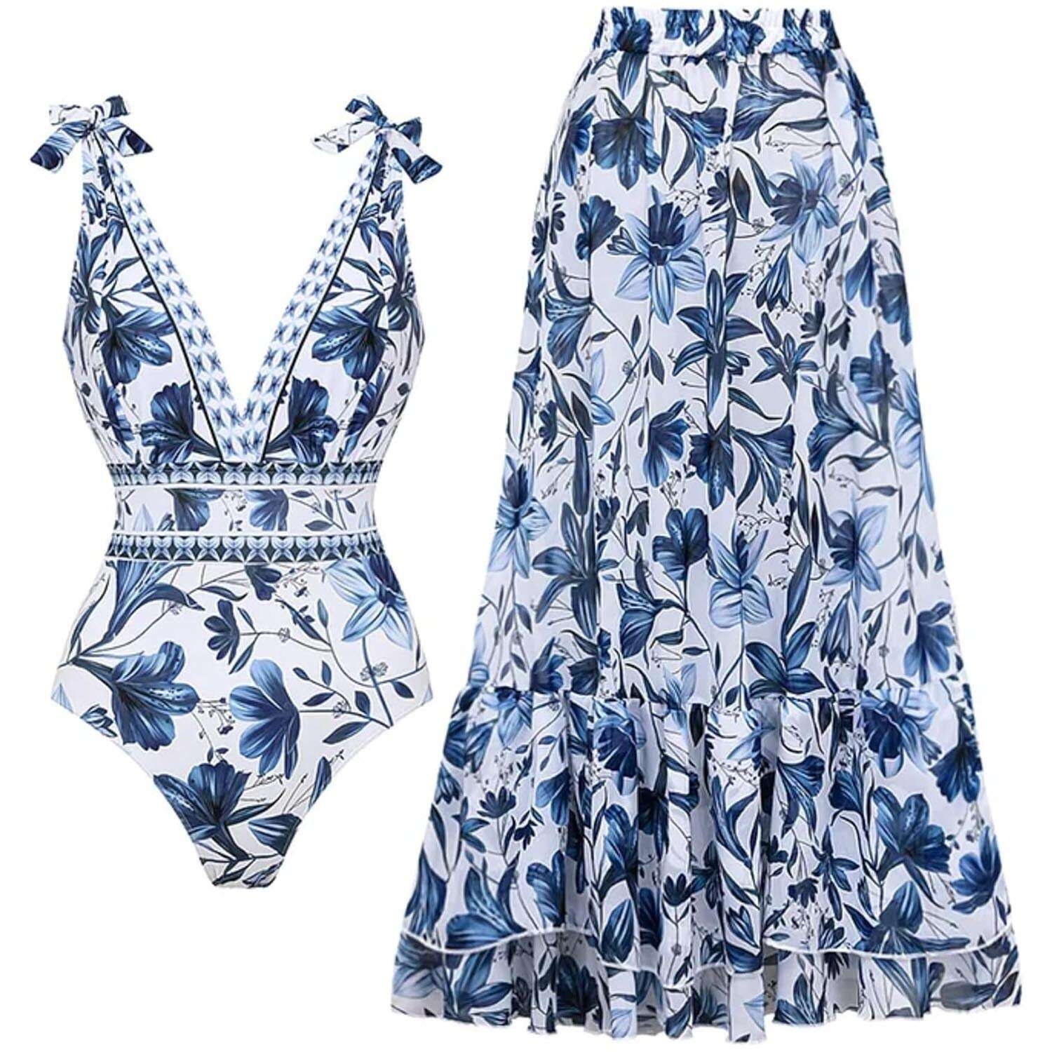 💥 Special offer: 50% off 💥 V-neck lace-up printed one-piece swimsuit with skirt