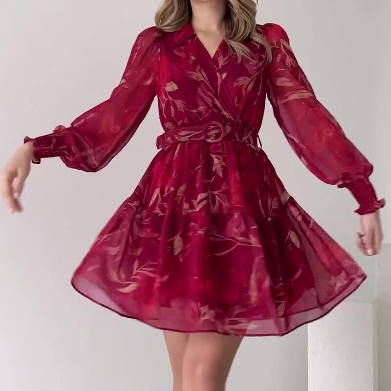 Aqueça o novo vestido francês de chiffon estampado com manga lanterna e decote em V