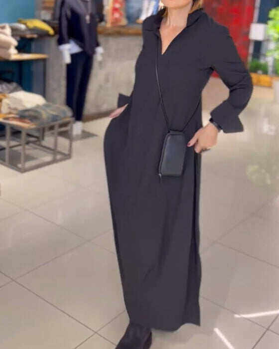 Vestido longo solto com fenda lateral e lapelas