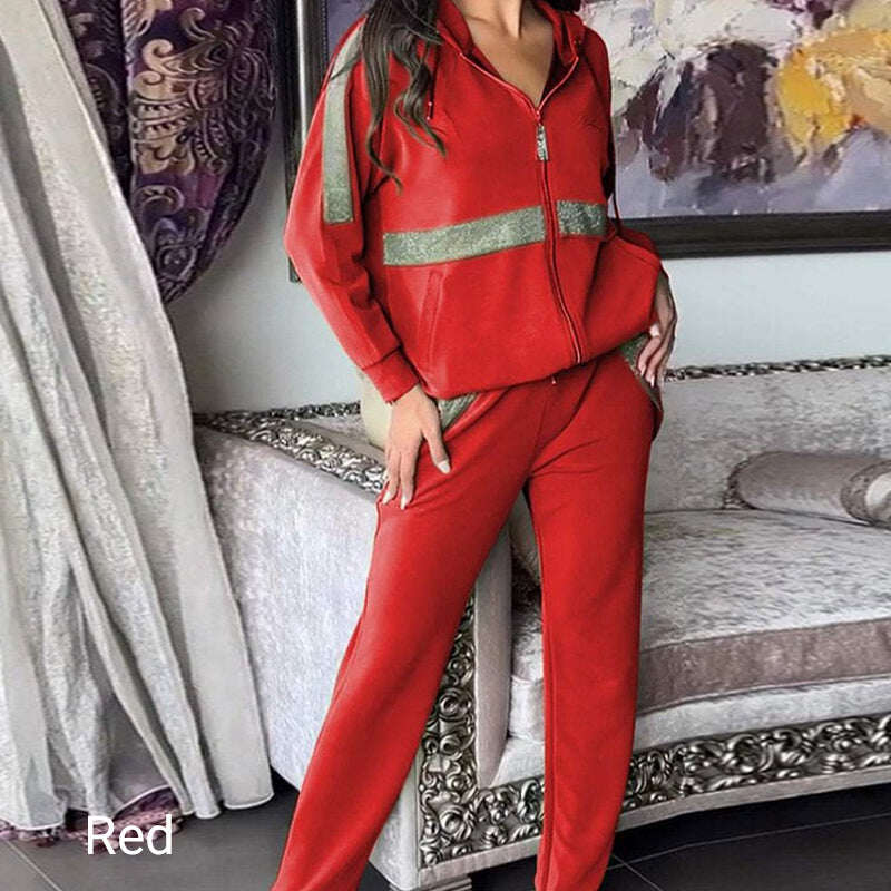 🎅Promoção de Natal de 49%💥Lantejoulas femininas – conjunto casual de 2 peças em cor sólida enfeitada