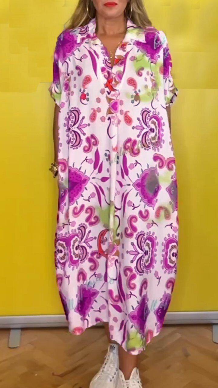 Vestido solto estampado com lapela casual