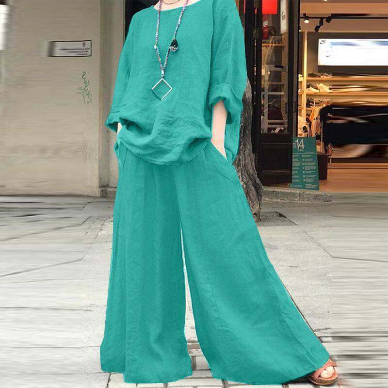 Conjunto feminino de duas peças moda casual algodão linho conjunto de linho de algodão de cor sólida