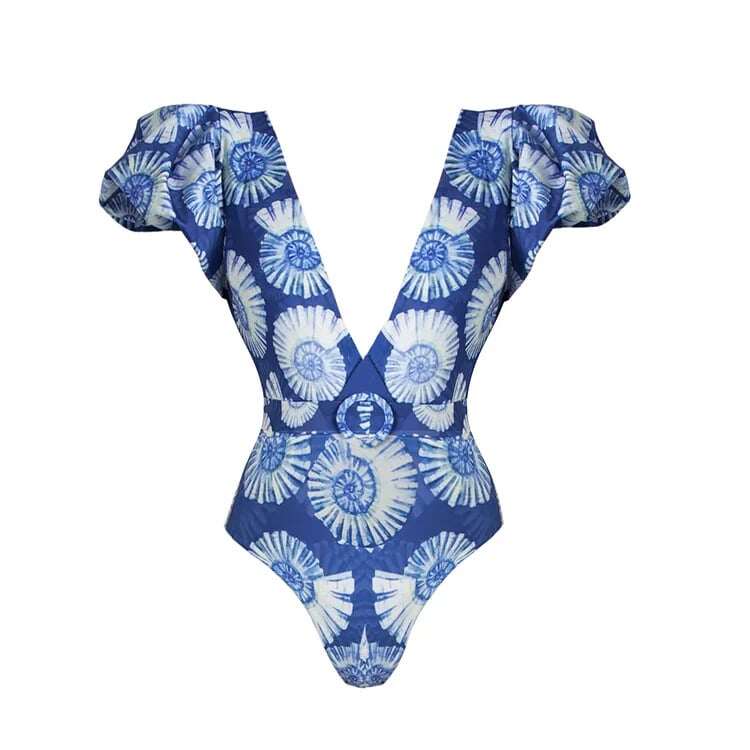 V Neck Blue Floral print OnePiece Swimsuit