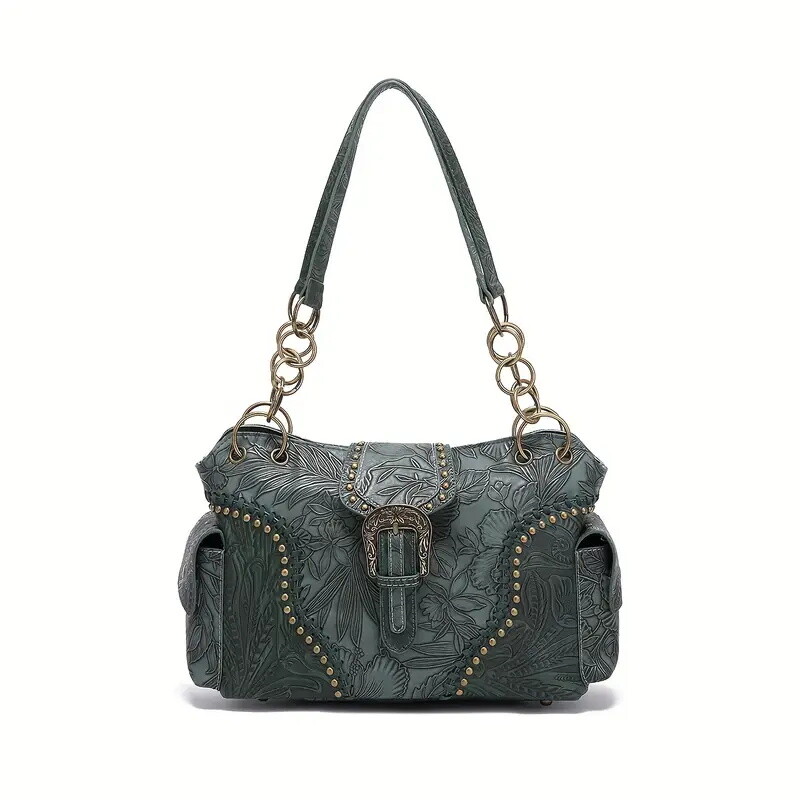 Vintage Flower Embossed Handbag, Punk Style Tote Bag, Y2K Chain Shoulder Bag For Women
