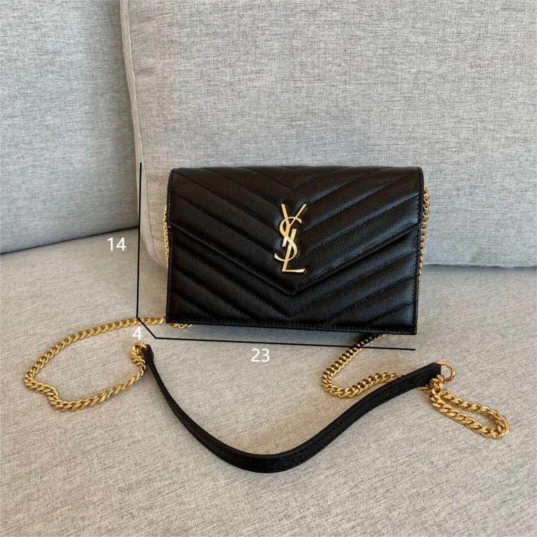 Carteira YSL Cassandre com corrente de envelope, couro granulado preto,Corrente de ouro ajustável