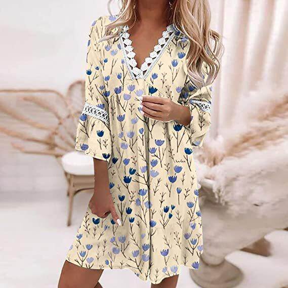 Novo vestido de verão com retalhos de renda estampado em algodão e linho