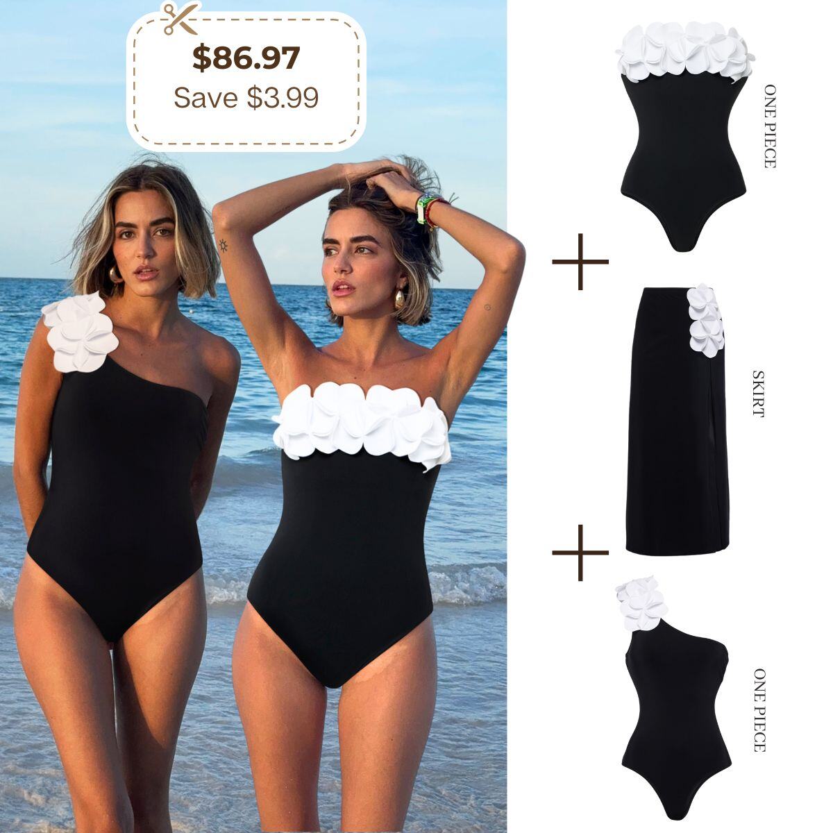 2025 New Bandeau 3D Flower Color Block One Piece Swimsuit And Skirt