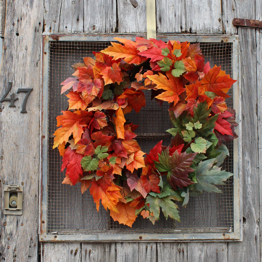 Grinalda de porta frontal em folha de bordo Ombre laranja e verde de 28