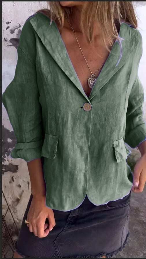 Casaco fino casual de algodão e linho com lapela e botão único