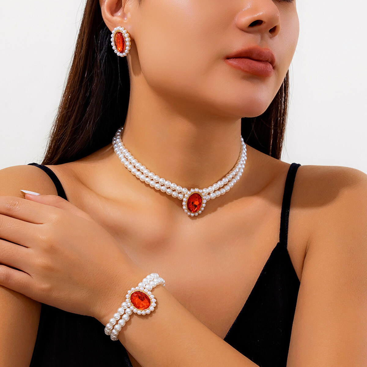 Colar de pérolas elegante francês em várias camadas, conjunto de colar de pedra de joias elegante e luxuoso