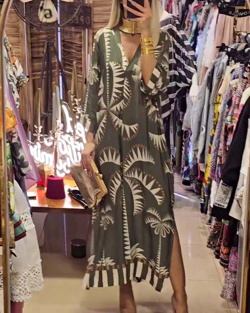 Vestido vintage com estampa botânica e decote em V profundo