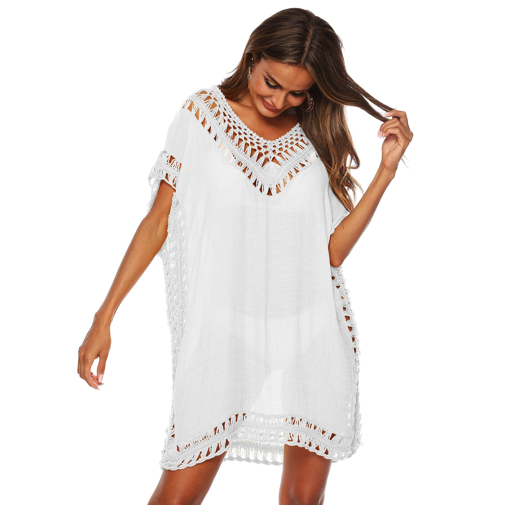 Sexy decote em V patchwork decote em V solto oco vestido de praia