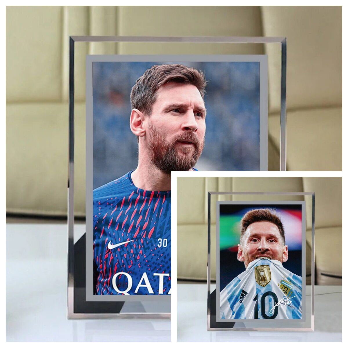 Messi Crystal képkeret 6 hüvelykes labdarúgó-világbajnokság sztárjának fényképével, beltéri üvegkeret asztali dekorációval