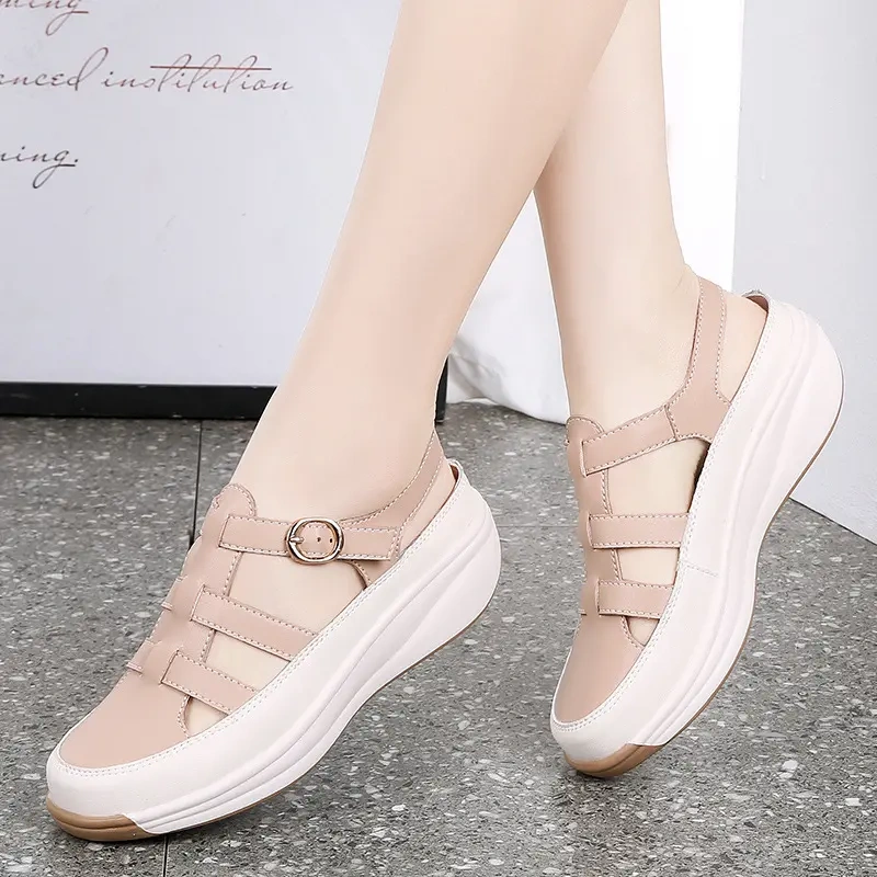 【35-44】Tupa de sola grossa de tamanho grande, sandálias casuais de salto alto, sapatos femininos romanos