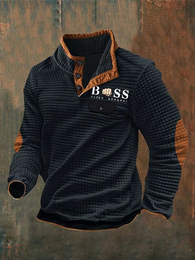 Sweatshirt de homem com estampado de letras vintage com colarinho e botão de verificação