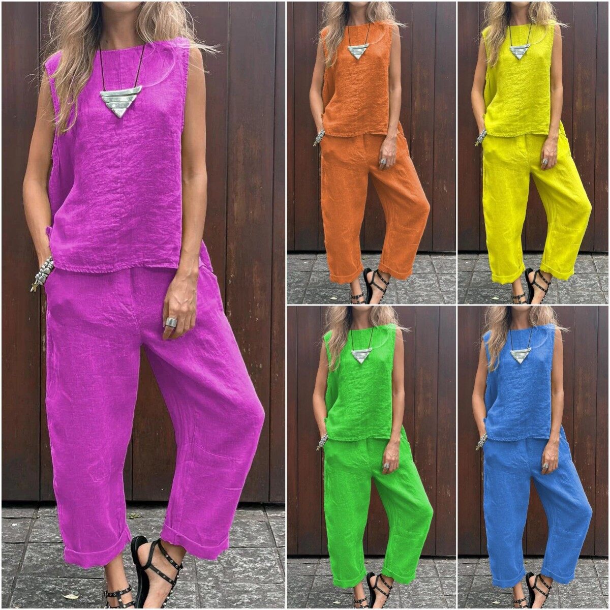 2024 primavera e verão novo algodão e linho moda casual solto conjunto de duas peças sem mangas calças soltas vestido feminino