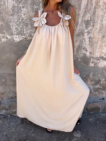 💕Vestido feminino em cor sólida com estampa floral e decote em U