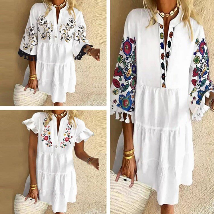 Vestido curto com borla estampada divertida e decote em V