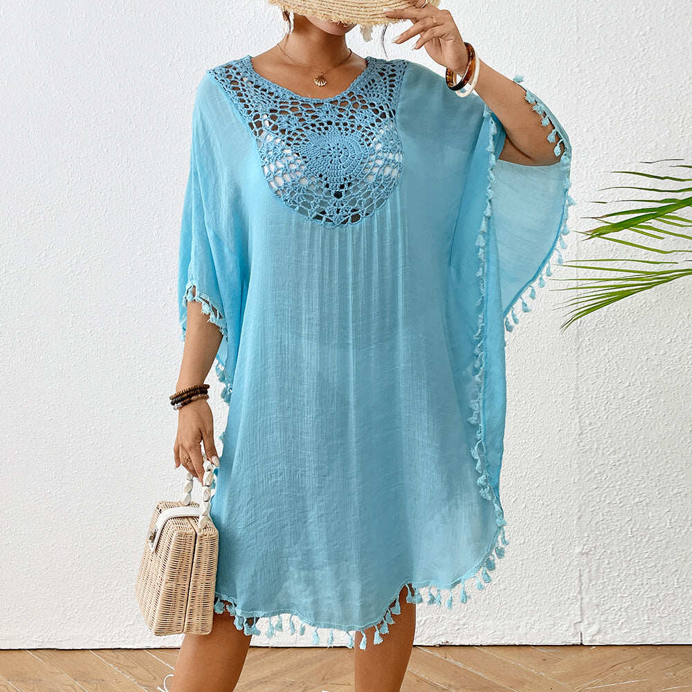 Vestido Resort Sunset com Franjas e Gola Redonda