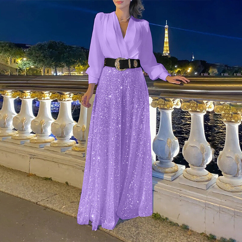 2024 vestidos femininos primavera outono premium decote em v manga comprida elegante cintura lantejoulas vestido francês