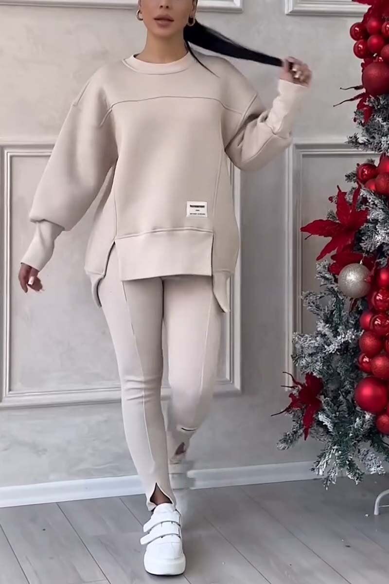 Conjunto feminino casual de cor sólida com gola redonda e manga comprida