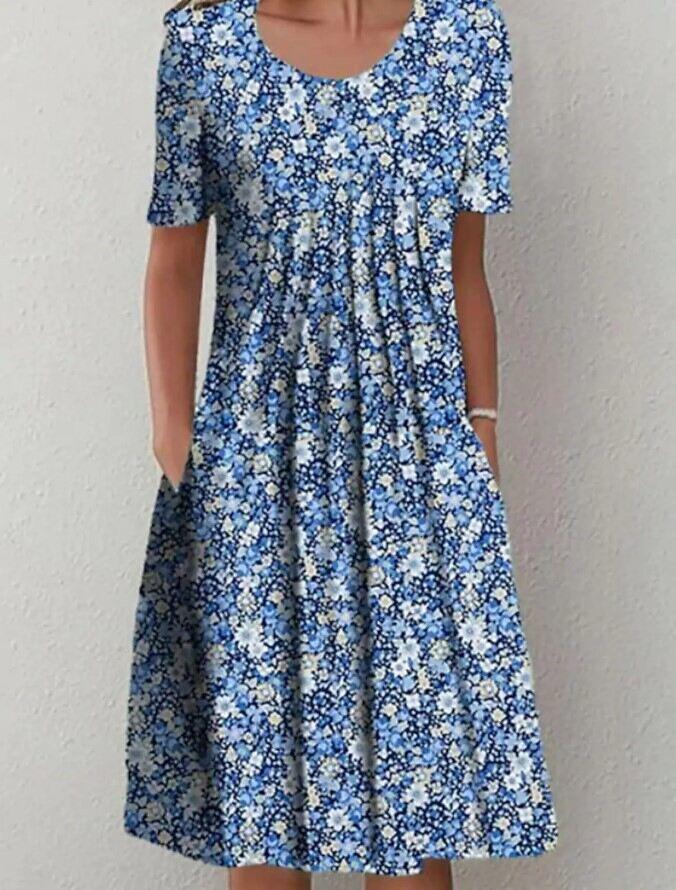Vestido midi feminino primavera e verão com gola redonda estampado floral e bolso