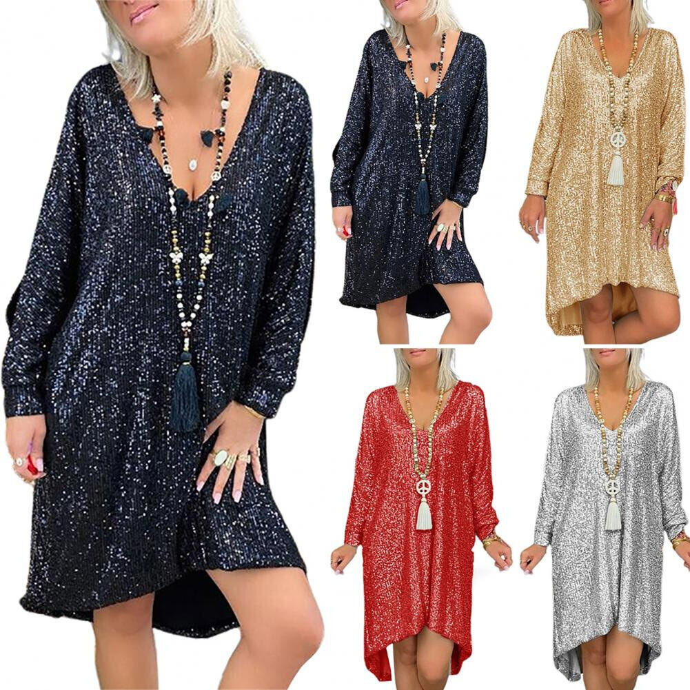 Solto Pulôver Camisa de Lantejoulas Vestido Longo
