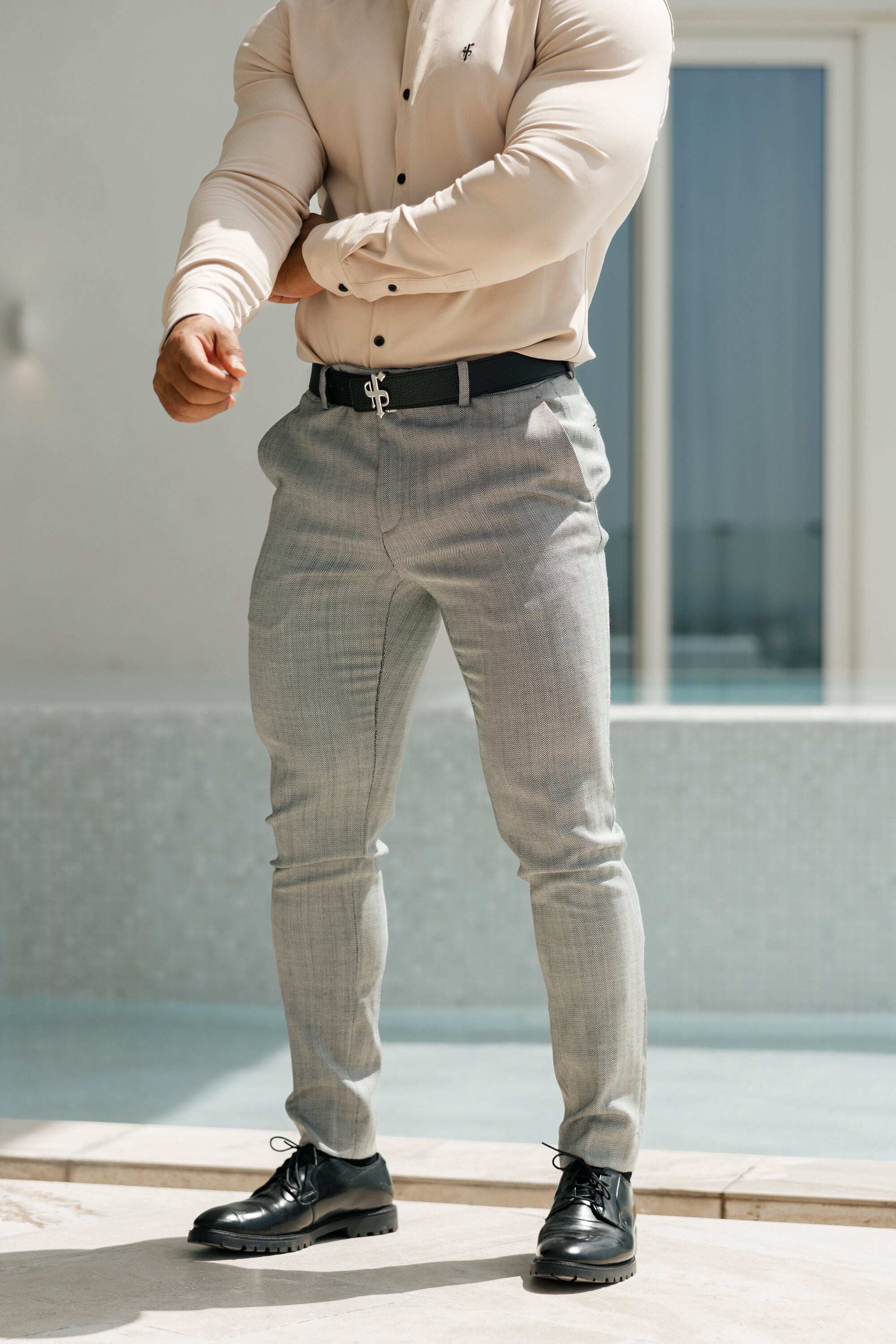 Father Sons Slim Formal Black and White Herringbone Stretch Trousers - FST014