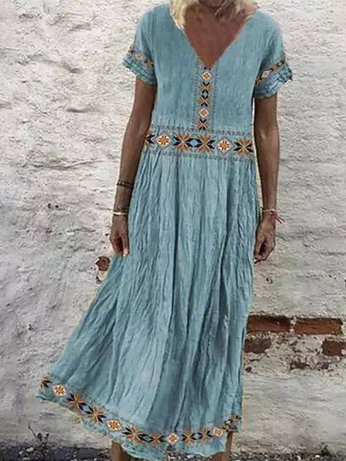 Květinové maxi šaty s krátkým rukávem a výstřihem do V