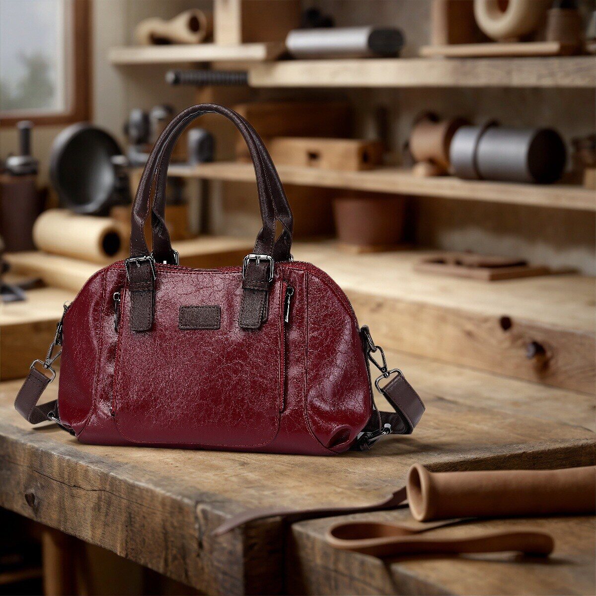 Vintage style handbag: large capacity, natural leather