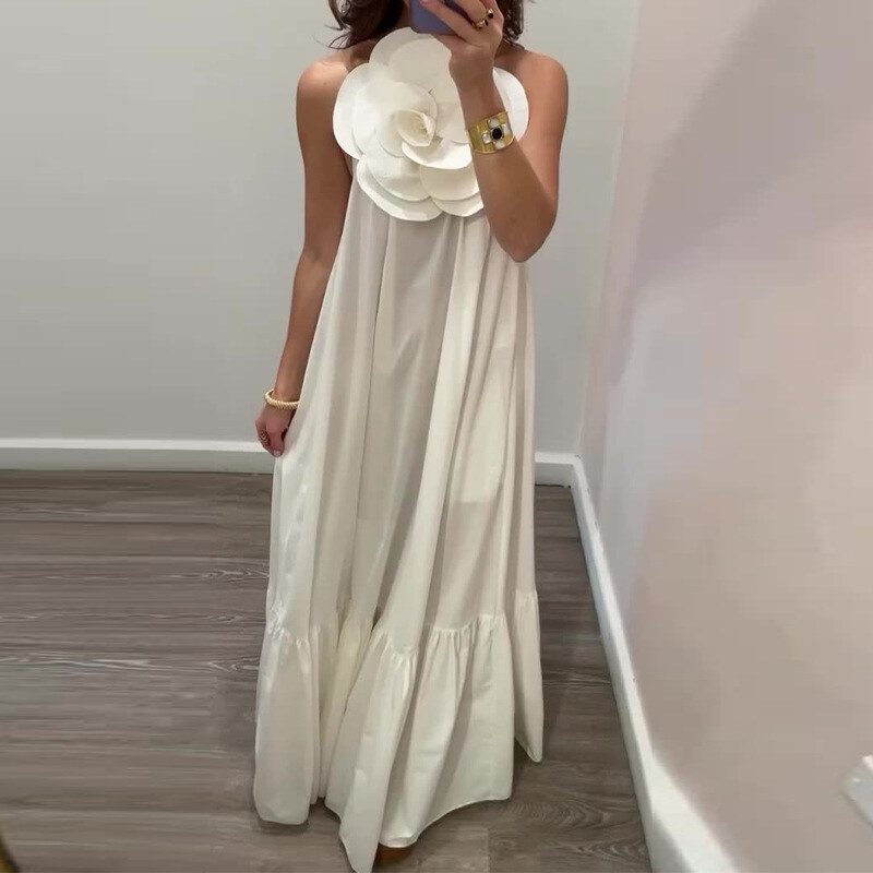 Vestido sem costas elegante de flor tridimensional de cor sólida de estilo suave sofisticado