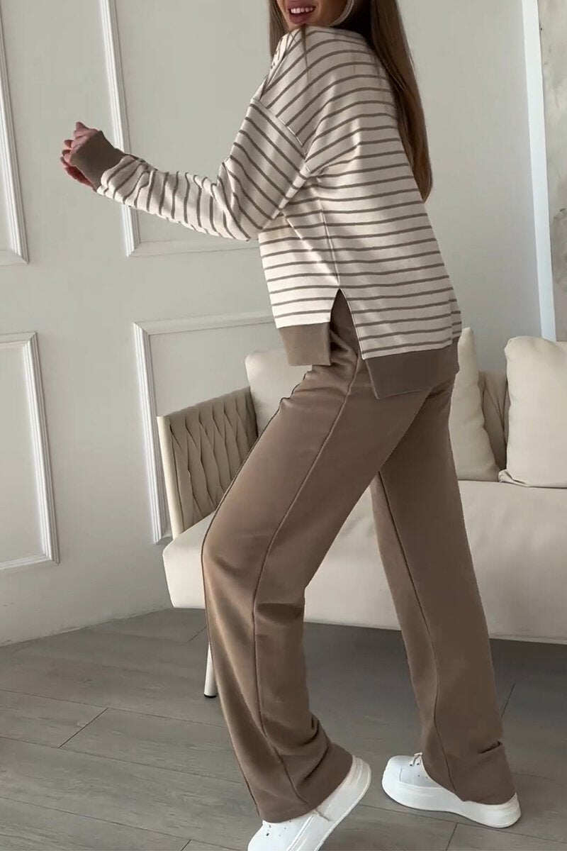 Terno feminino casual listrado com gola redonda e duas peças