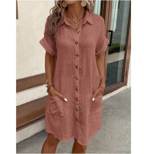 [S-3XL]Vestido camisa simples de verão 2024 com decote em V