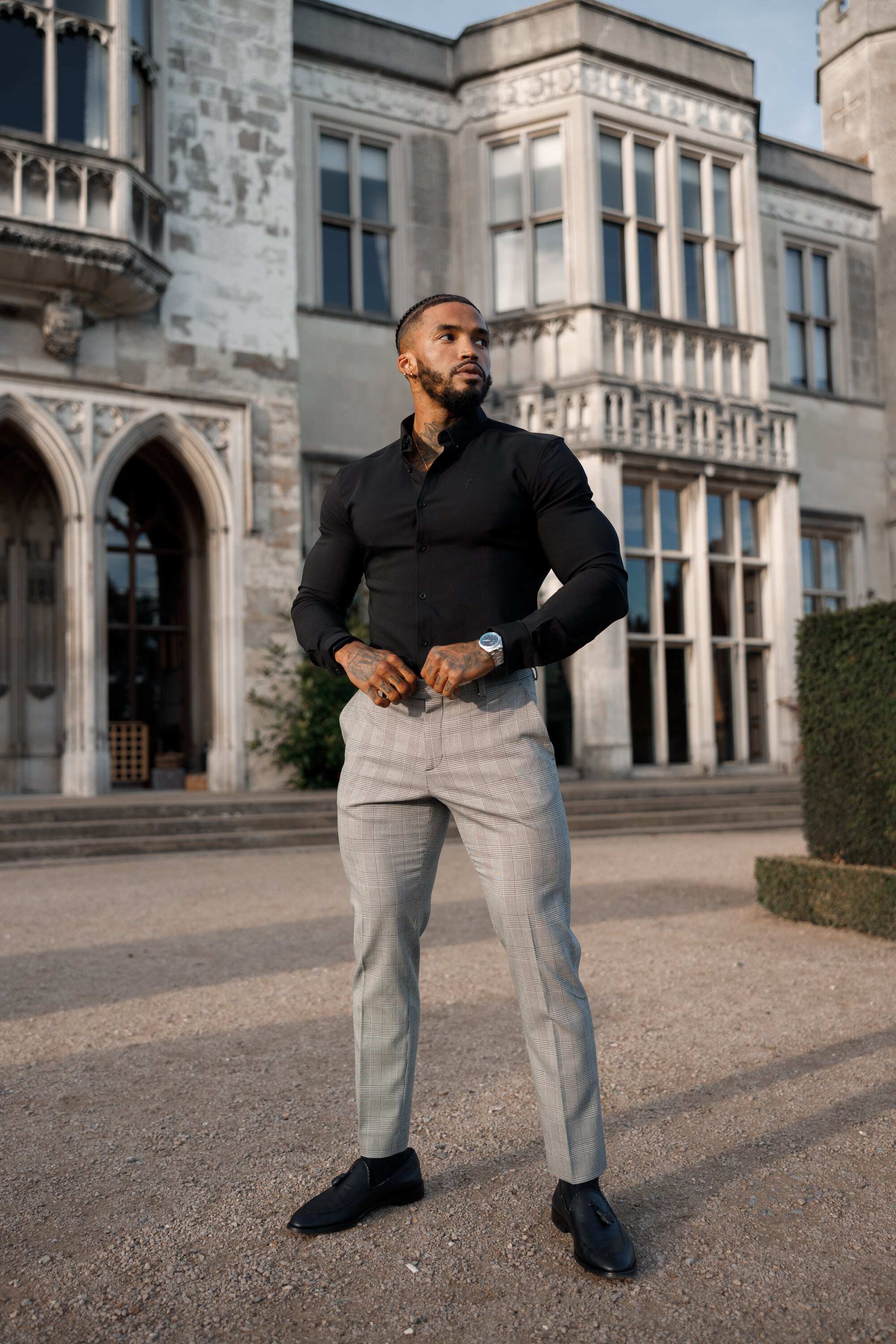 Father Sons Slim Formal Grey Prince of Wales Check Stretch Trousers - FSTR011