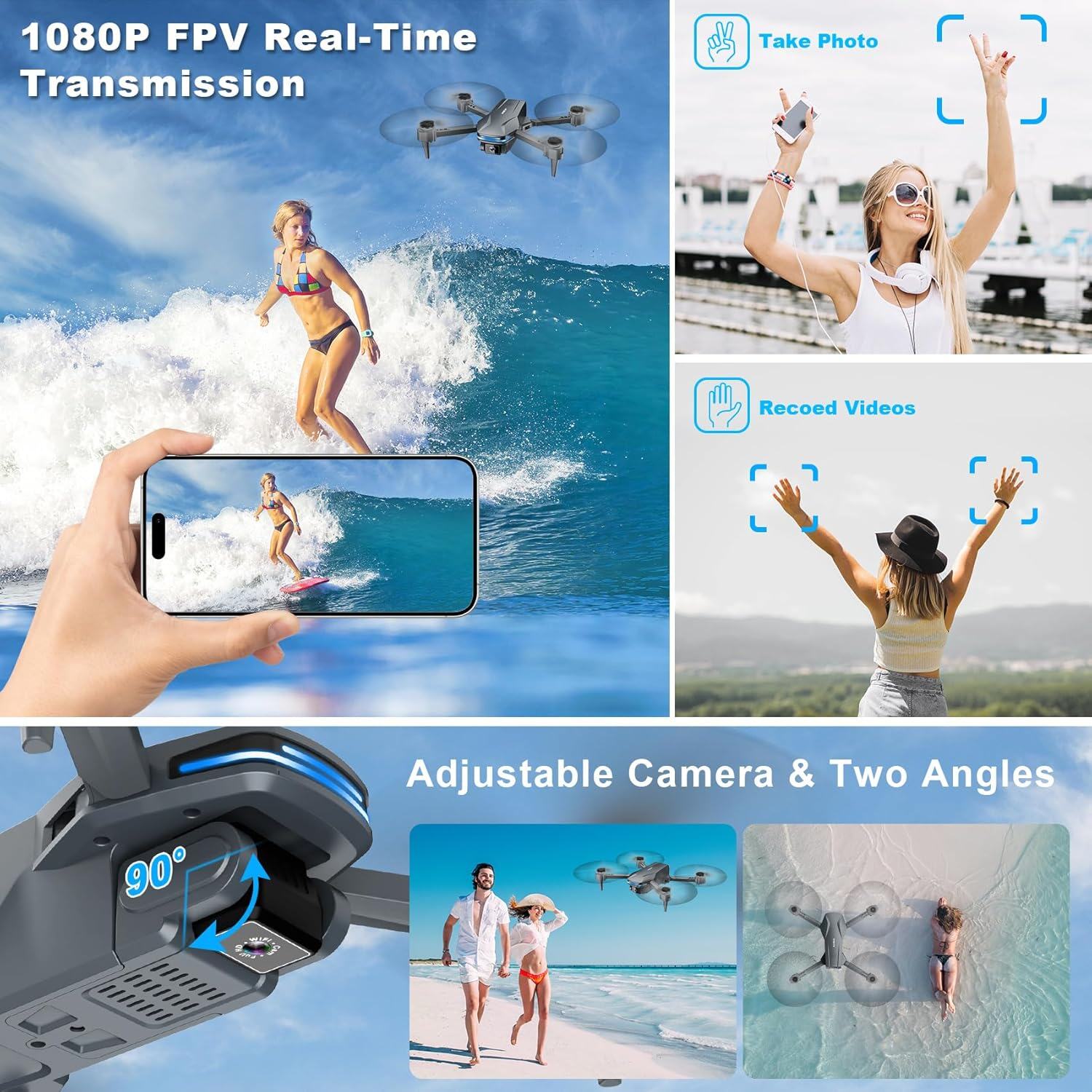 Drone com câmera 1080P HD FPV Drone dobrável para iniciantes e crianças, Quadcopter com controle de gestos de voz com estojo de transporte, decolagem/pouso com uma tecla, posicionamento de fluxo óptico, giro de 360°, voo de ponto de passagem