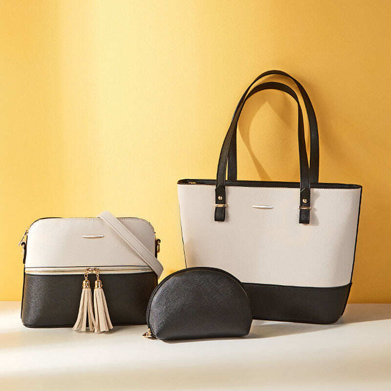 Bolsa feminina patchwork de 3 peças com franjas de alta capacidade