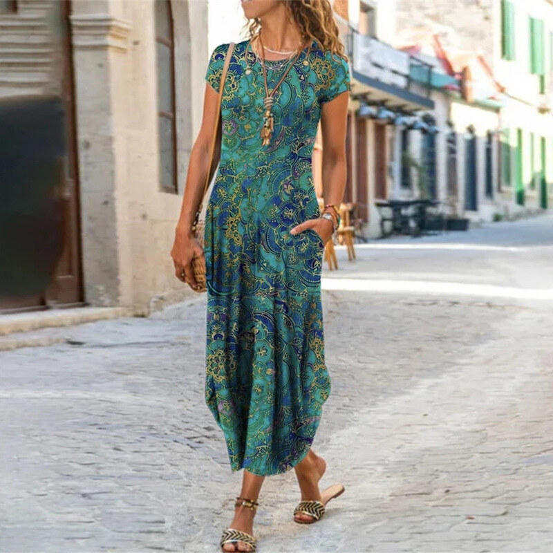 Primavera e verão novo estilo em torno do pescoço bolso manga curta vestido estampado na moda