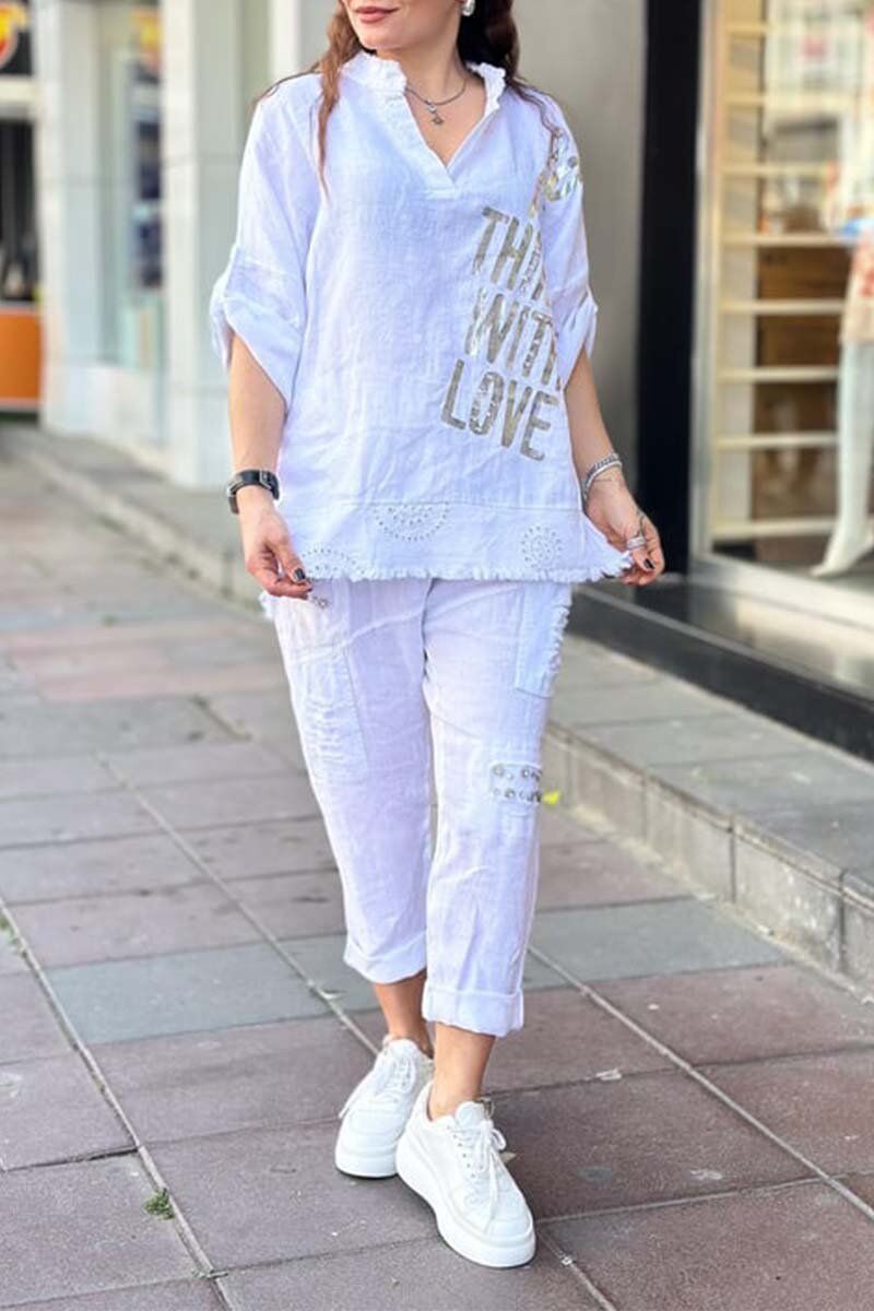 Conjunto blusa + calça dia feminino em algodão e linho